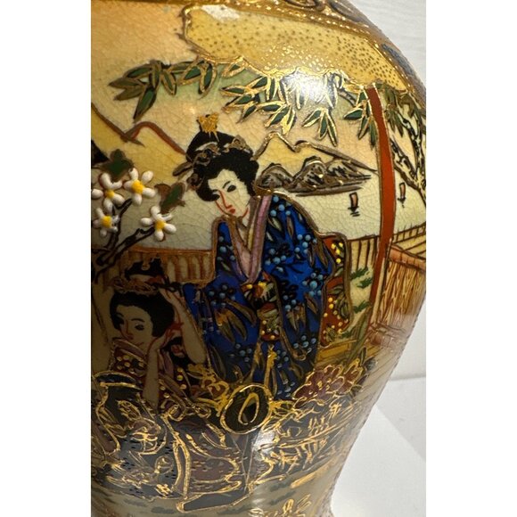 Vintage Satsuma Vase Intricate Gold Detailing Hand Painted Oriental Scene 11.75" - Picture 8 of 13